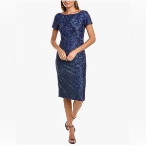 JS Collections Embroidered Mesh Cocktail Sheath Elegant Blue Dress size 12
